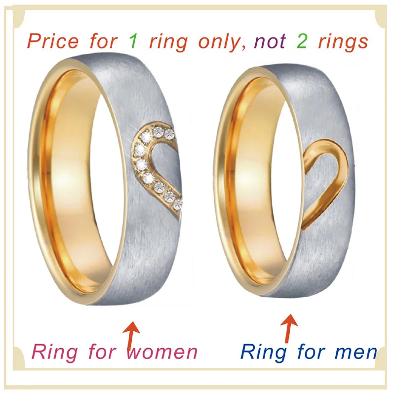 DIY Matching Alliances Heart wedding band men black gold silver color anniversary female Couple engagment rings for women (3)