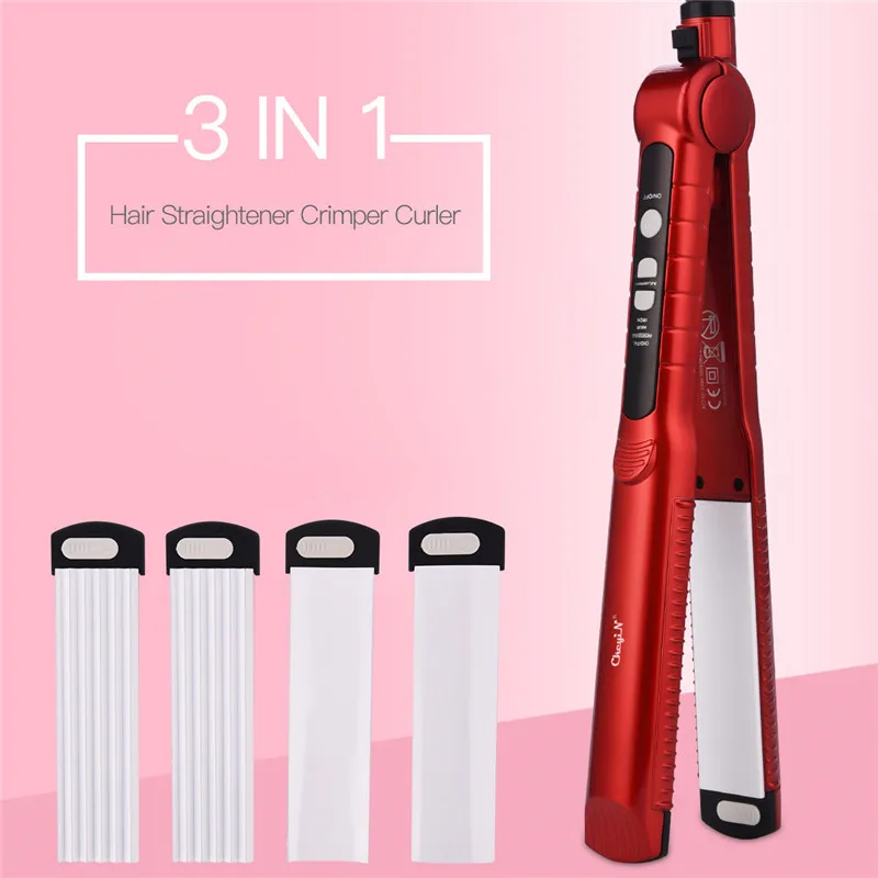 

CkeyiN 3 in 1 Hair Waver Crimper Curler Straightener LCD Corn Interchangeable Heating Plate Hair Corrugated Curly Iron Flat Iron