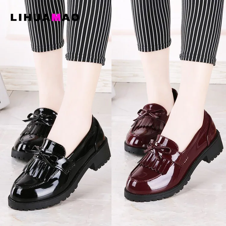 

LIHUAMAO patent leather women shoes round toe slip on loafers office career party work ladies dress shoes footwear