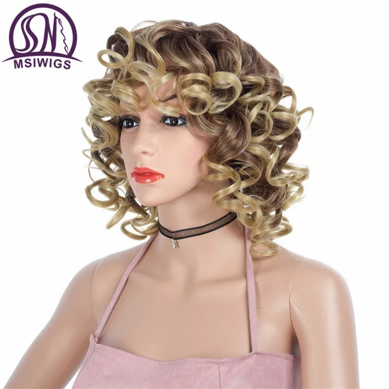 MSIWIGS Ombre блондинка вьющиеся короткие парики с челкой черный синтетический