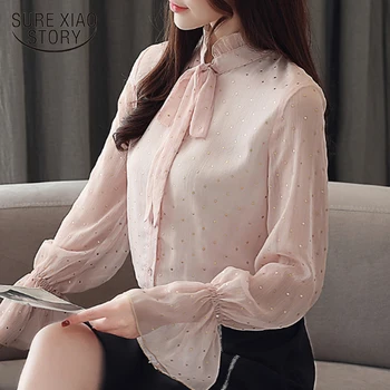 

2019 polka dot chiffon blouse shirt flare long sleeve office lady blouse women shirts Fashion womens tops and blouses 2959 50