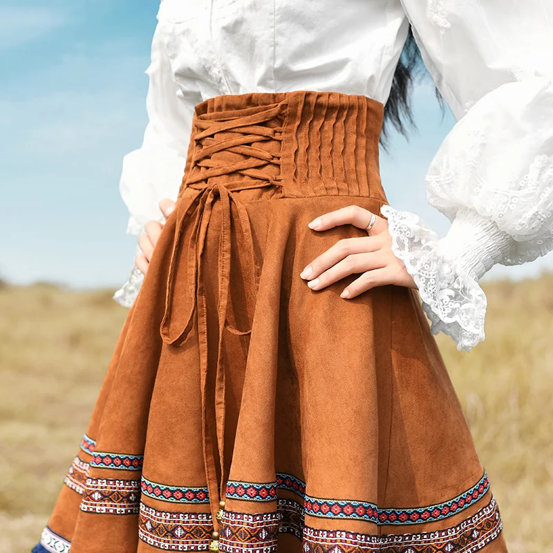 

New Autumn Women Vintage Elegant Short Skirt Bohemia High Waist Embroidery Ribbon Tassel All-Match Purple Suede Short Bust Skirt