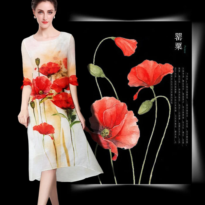 Красный мак шелковая льняная ткань платье материал одежды рубашка цветок печать ткани