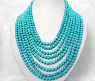 

Miss charm Jew1346 wonderful 8rows 6mm round blue natural turquoise necklace