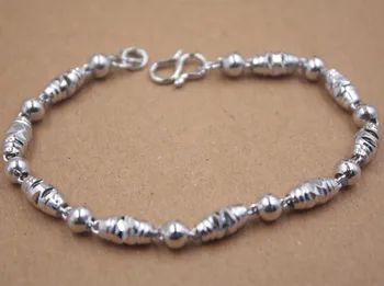 

Pure S925 Sterling Silver Bracelet Women's Long Beads Carved Bracelet 7.3"L New Fashion