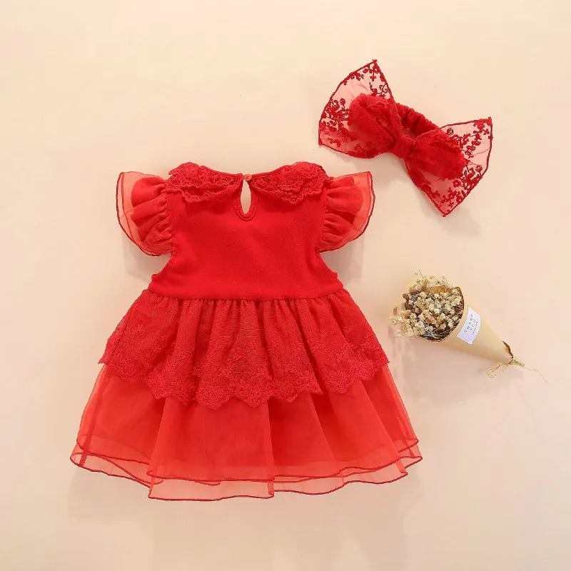 Платье для маленьких девочек г. Летняя красная хлопковая одежда для новорожденных девочек вечерние платья для крещения на первый день рождения, 0 до 3 месяцев - Цвет: Красный