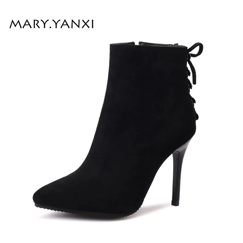 

Spring Autumn Winter Women Shoes Ankle Chelsea Boots Zip Flock Lace-up Pointed Toe High Heel Fashion Solid Short Plush