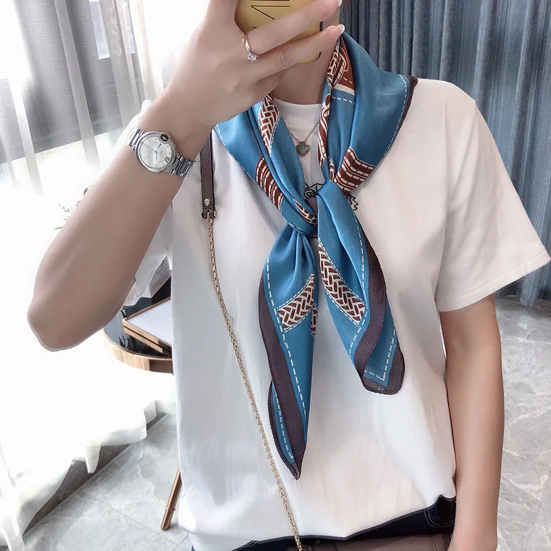 70*70cm Design NEW horse chain printed Fashionable Women Girls Neckerchief Scarf Fake Silk Wraps Elegant Head Neck Hair Tie Band
