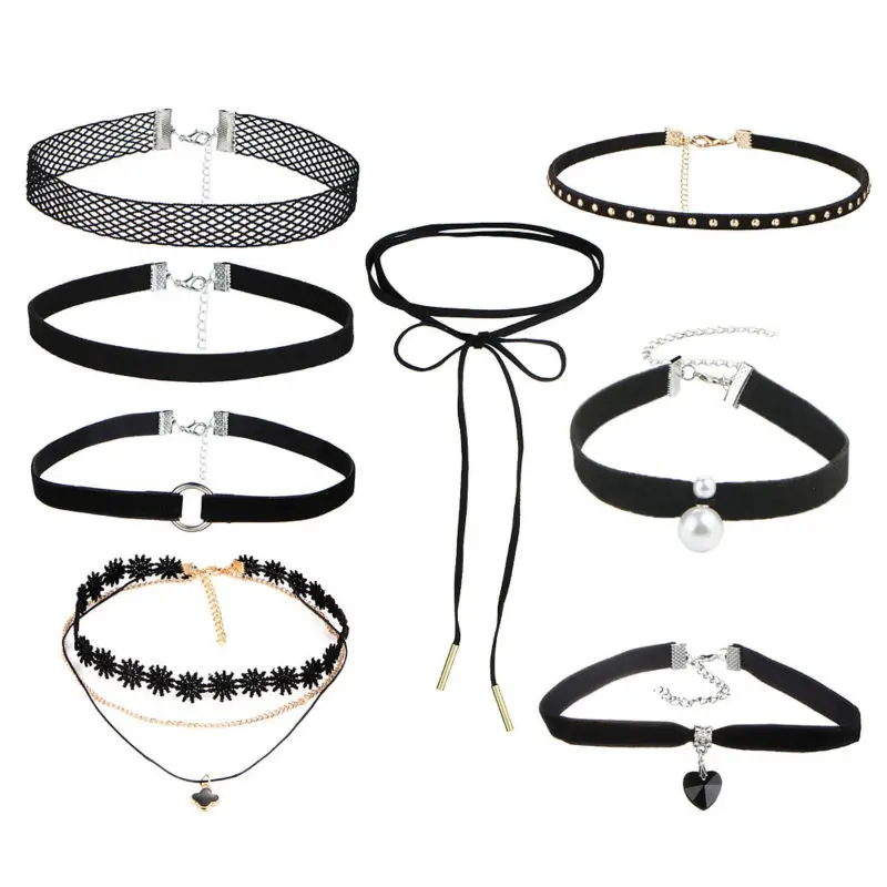 Hot Wholesale 8 Pcs/Set Black Velvet Choker Necklaces For Women Collars Fashion Girls Punk Gothic Cho collier ras du cou