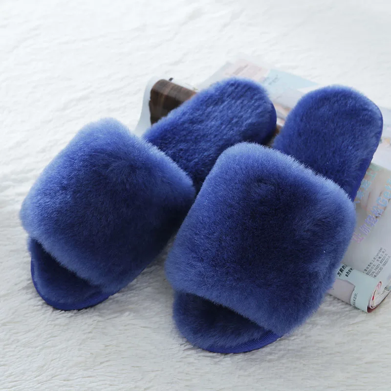 Royal Blue Модные зимние тапочки из овечьей кожи; теплые домашние тапочки; теплые шерстяные тапочки; женская повседневная домашняя обувь на плоской подошве - Цвет: Royal Blue