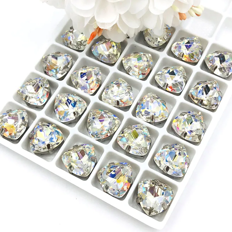 

12mm Fat Triangle Dazzling color High quality Glass Crystal sew on rhinestones sliver base with hole diy/clothing accessories