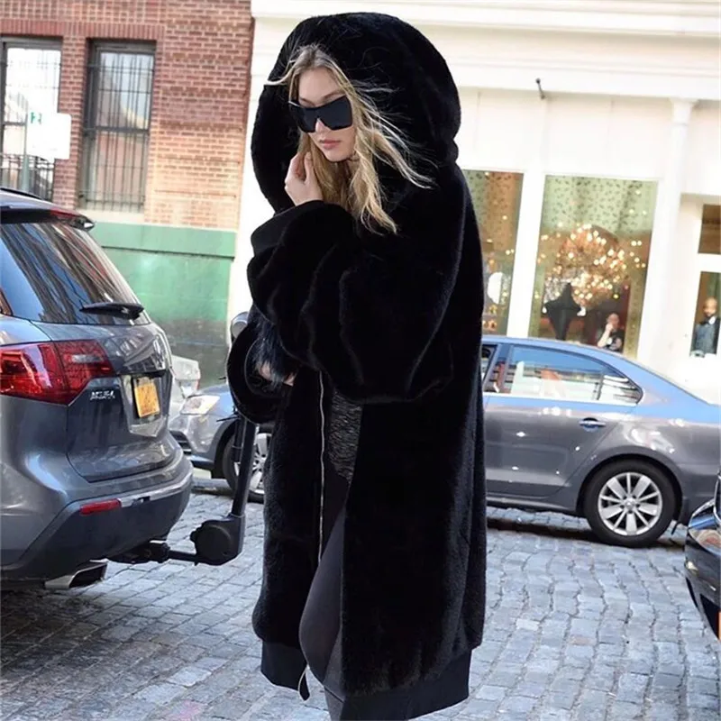 Попробуйте все размера плюс пальто из искусственного меха женское с капюшоном черная длинная куртка из искусственного меха Женское зимнее пальто более размера d худи на молнии