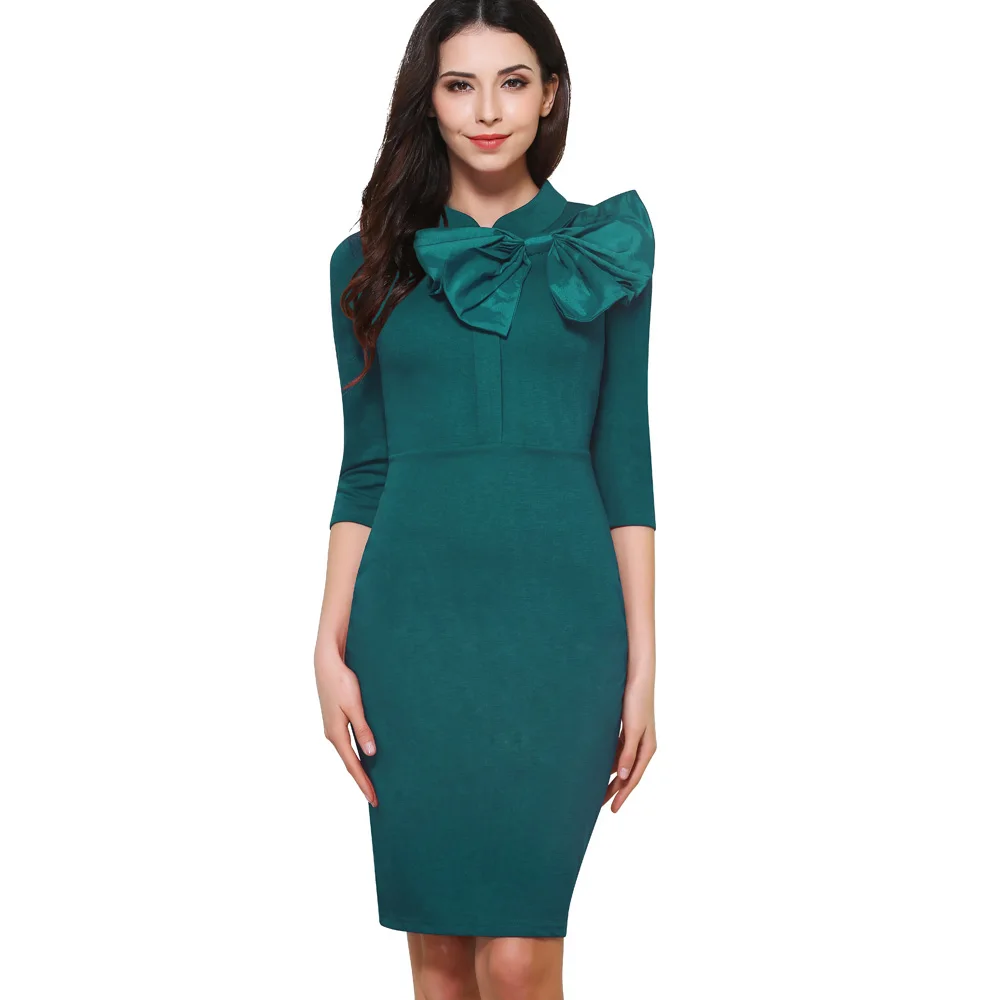 Хорошее-forever винтажное одноцветное офисное женское платье с бантом облегающее элегантное платье-карандаш B244 - Цвет: Turquoise