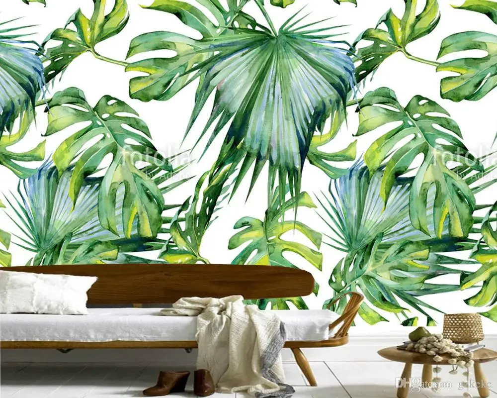 カスタム葉プリント 水彩のトロピカル葉 自然景観フレスコ画用リビングルームオフィス寝室の背景壁紙 Wallpaper Printing Custom Wallpaper Printingwallpapers For Living Room Aliexpress