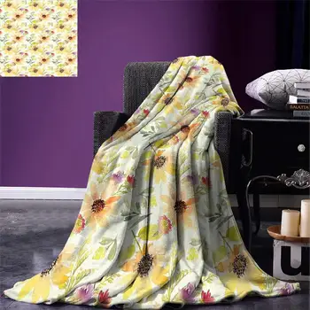 

Watercolor Flower Throw Blanket Pastel Colored Summer Sunflowers with Pale Leaves Nature Style Warm Microfiber
