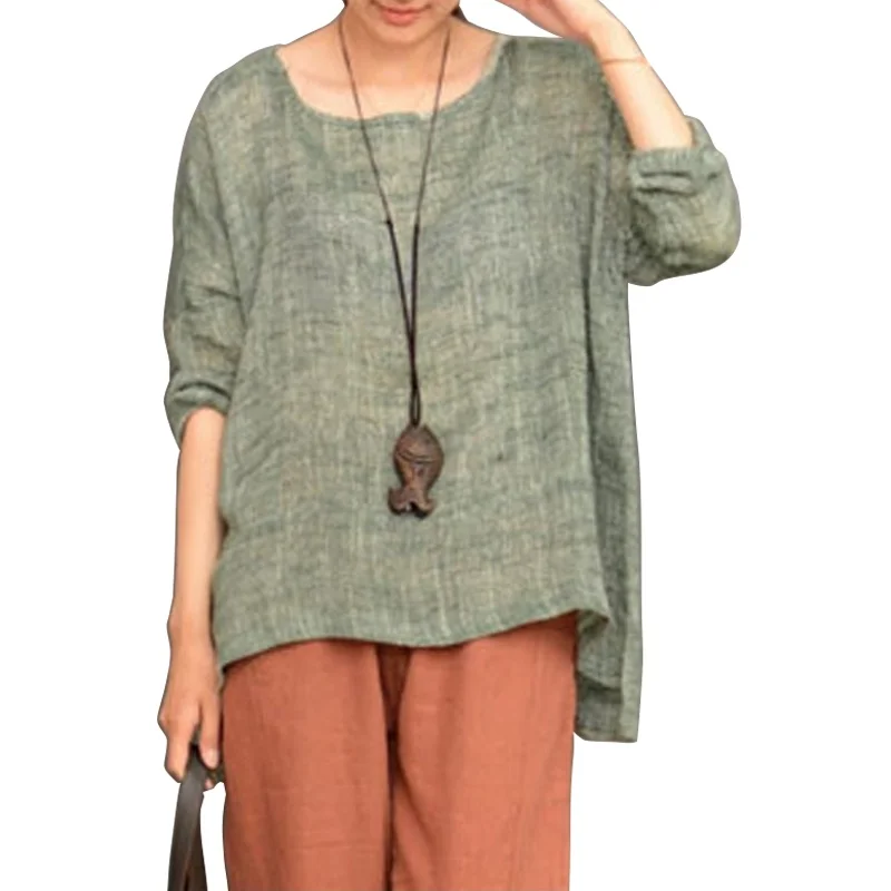 

Women Tops Pullover Solid Loose Spring Autumn Cotton Linen O-Neck Loose Long-Sleeved Large Size T-Shirt