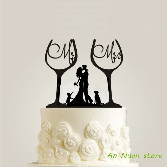 Cake Topper With Dog Pet Mr & Mrs Bride and Groom Silhouette Funny Wedding HO 
