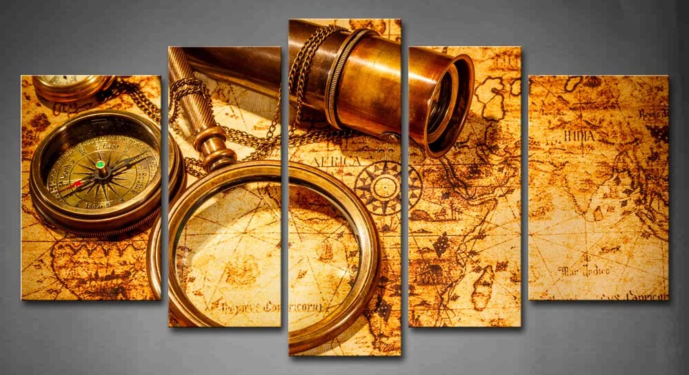 

5 Panels Framed Wall Art Pictures Telescope Watch Map Canvas Print Artwork Abstract Posters With Wooden Frames For Decor