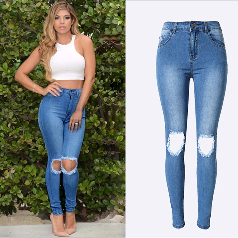 Fashion high waist Distressed jeans woman ripped Pencil Pants Hole