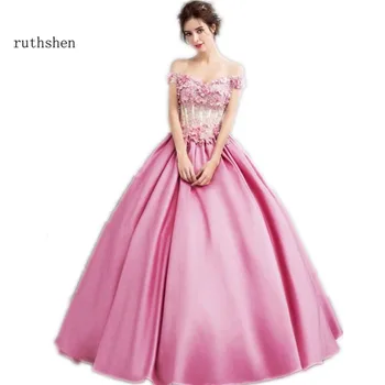 

ruthshen Reflective Dress Pink Prom Dress Ball Gown Off Shoulder 3D Floral Sexy Formal Evening Dresses Vestido De Noche 2019