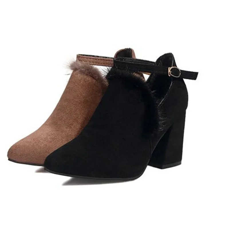 

winter New pattern Flock Solid Tip Hasp Square heel Pointed Toe Mink hair With velvet Short boots Women boots Heel height 8cm