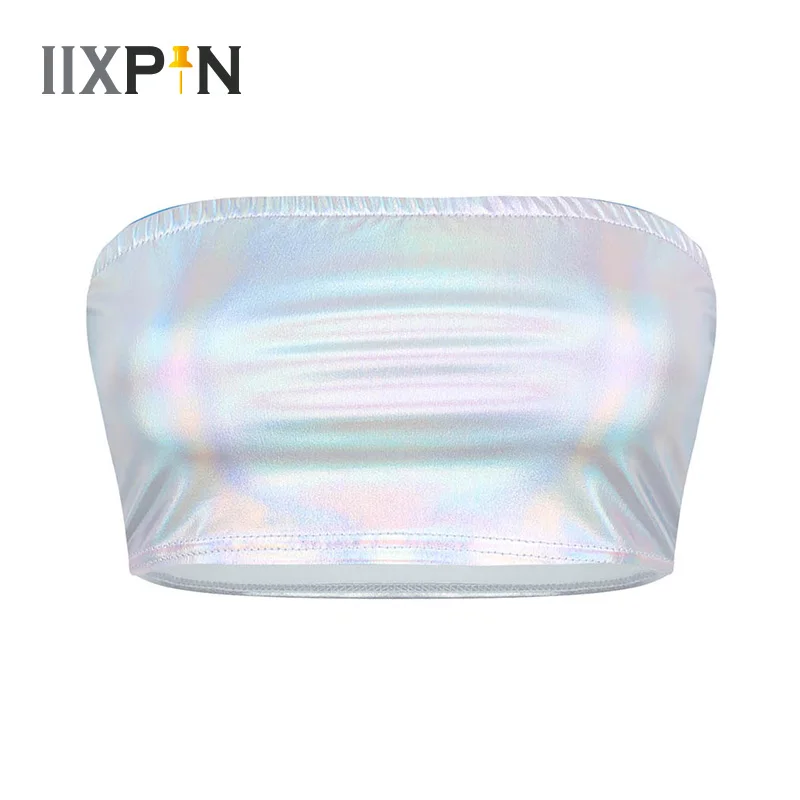 

IIXPIN Women Pole Dance Costumes Bra Shiny Metallic Strapless Crop Tube Top No-Padded Wrapped Chest Rave Bandeau Bra Crop Top