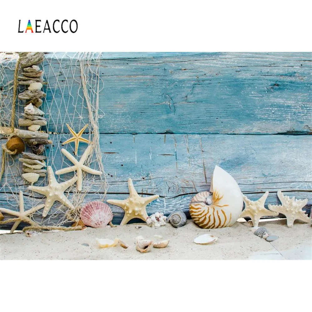 Laeacco Фото фоны Морская звезда ракушки Коралловая сетка песок синий выцветает
