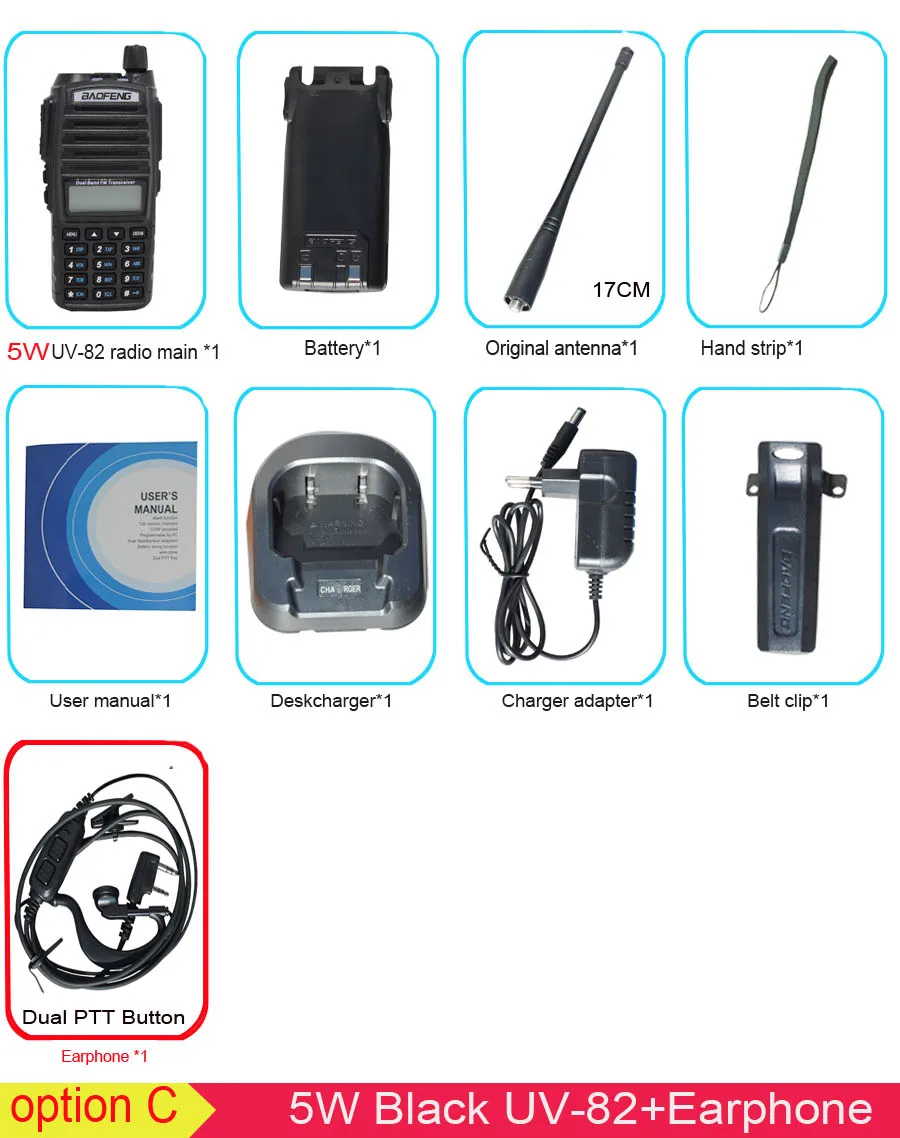 5Wblack withearphone Популярная портативная рация, Baofeng, UV-82, две кнопки PTT, двухстороннее радио Vhf Uhf, двухдиапазонное Baofeng UV 82 UV82, двухстороннее радио - Цвет: 5Wblack withearphone
