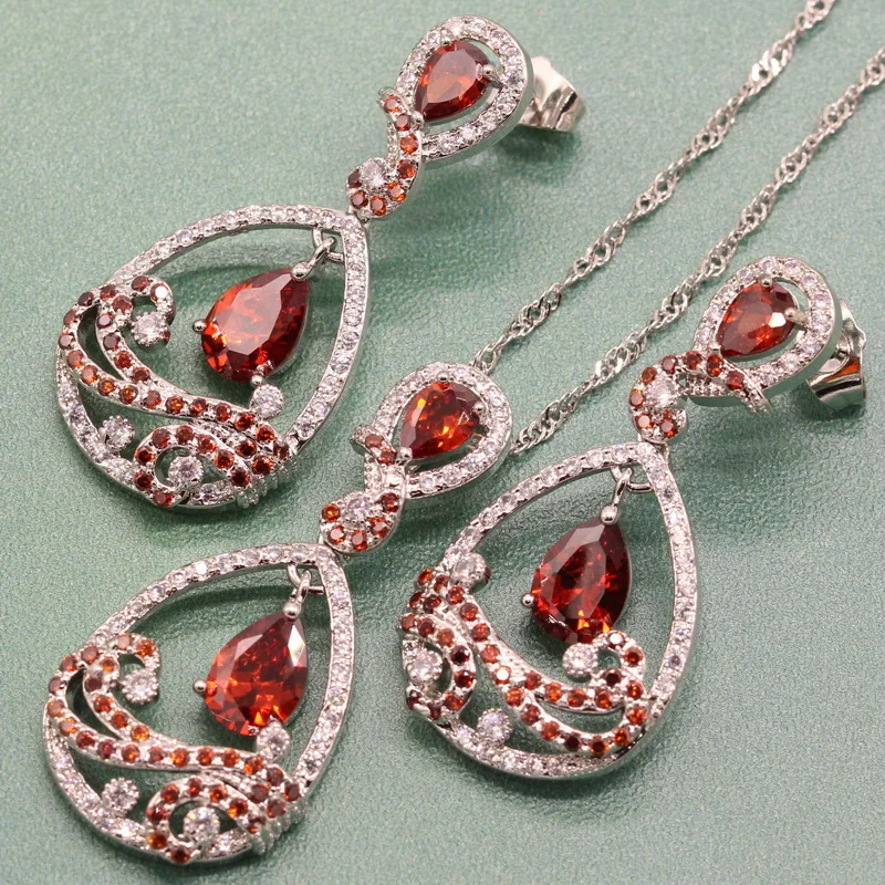 

925 Sterling Silver Pomegranate Red Semi-precious Stone Jewelry Sets For Women Zircon Bridal Sets Choker Earrings Free Gift Box