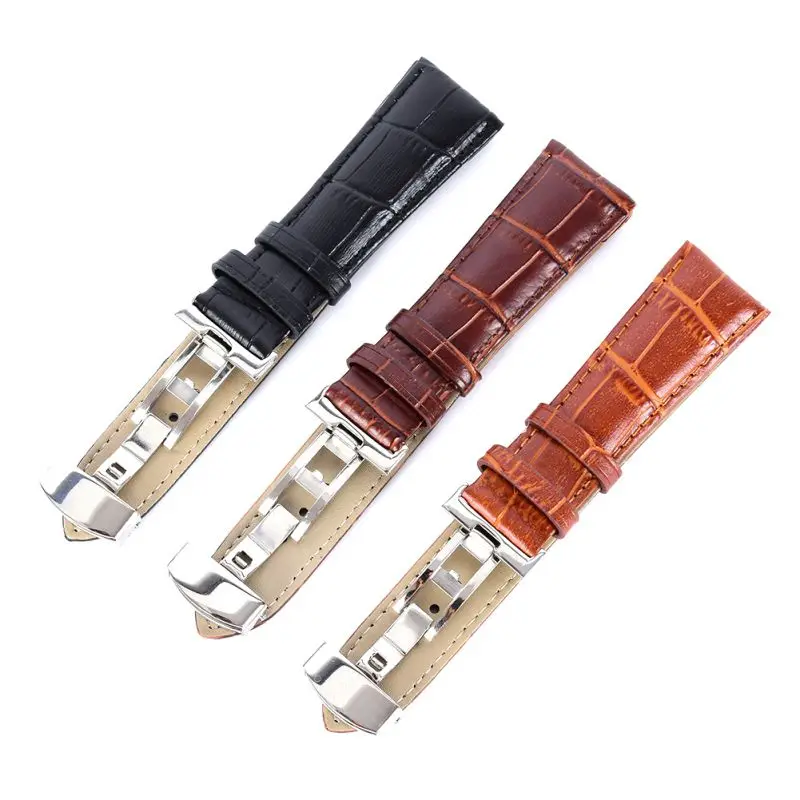 Genuine Leather Strap Polished Stainless Steel Butterfly Clasp Deployant Buckle Watch Band 16
