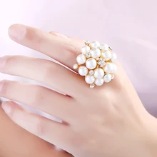 Золотое кольцо с большой жемчужиной в форме цветка, регулируемые кольца с кристаллами для женщин и девушек, новые элегантные свадебные вечерние ювелирные изделия, подарок