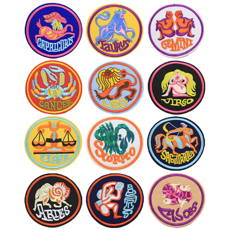 

Zodiac Sign Iron-On Embroidered Patches for Clothing DIY Stripes Applique Clothes Stickers Iron on Patches Badges Personality