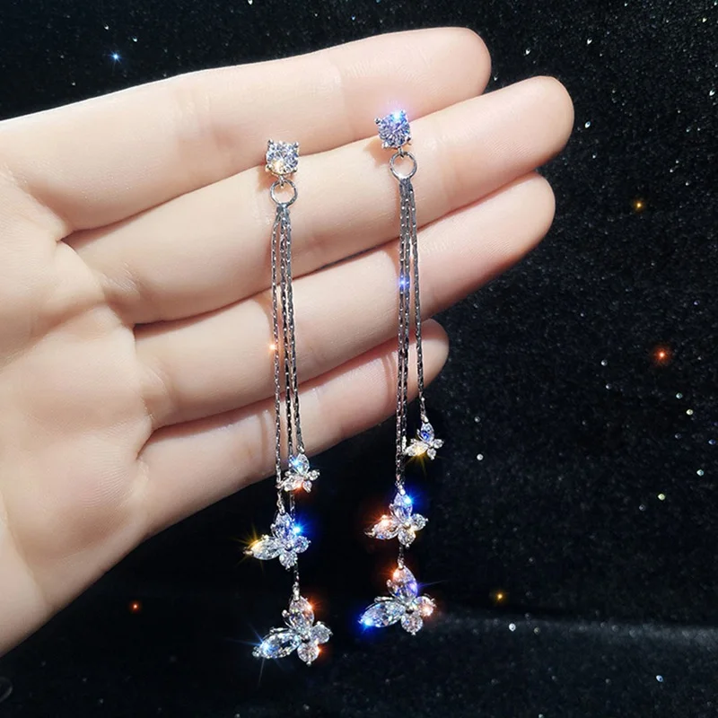 

Shiny Three Butterfly Crystal Drop Earring For Women Bijoux Long Tassel Dangle Earrings Statement Earrings Jewelry Gifts