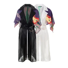 [EWQ] Летний длинный рукав тонкий панельный принт короткий рукав поддельный из двух частей кардиган сексуальная рубашка платье женские платья QH620