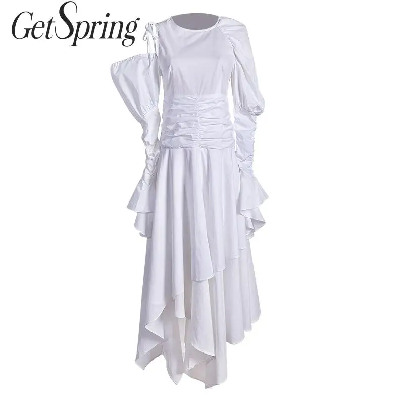 

GETSPRING Women Dress Flare Sleeve O-Neck Hollow Out Irregular Cotton Dresses Asymmetry Bandage White Long Summer Dresses 2019