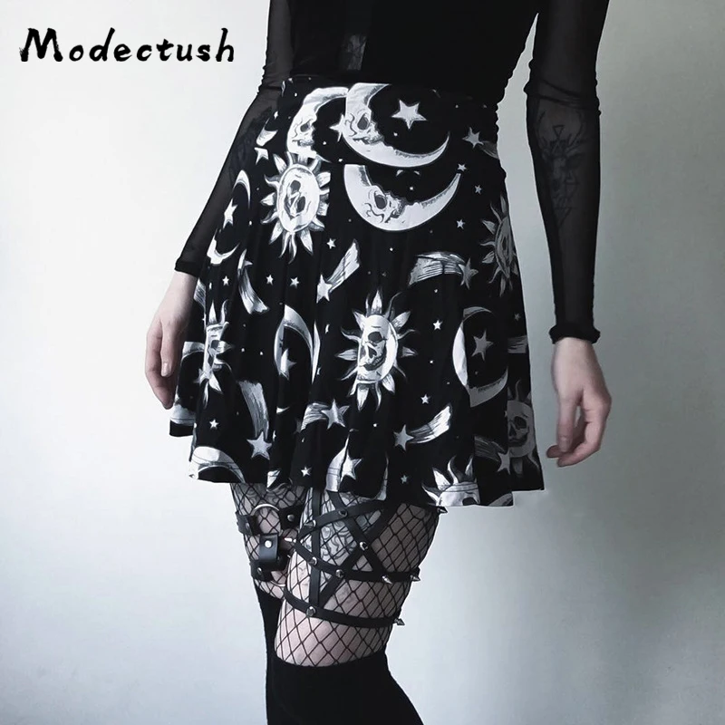 

Modecrush Women Vintage Printed Pleated Short Skirt Summer 2019 Gothic Rock Moon A Line Mini Skirts High Waist Club Sexy Wear