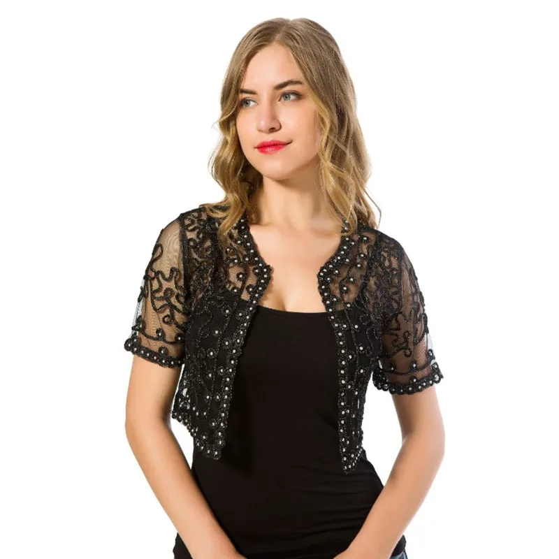 Women Basic Coat 2018 Summer Style Women Perspective Shawl Fashion Hollow Out Lace Boleros Short Sleeve Coats Jackets Female