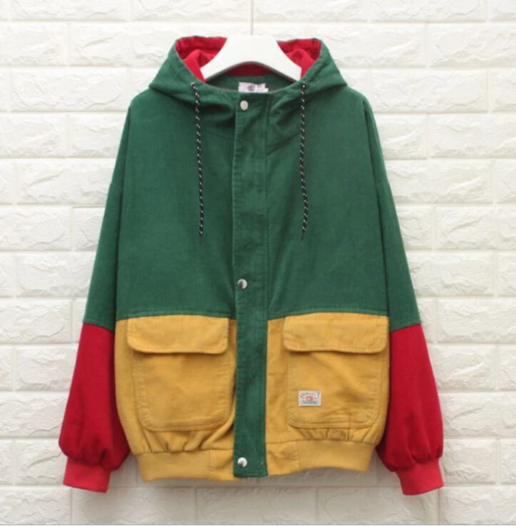 

JRNNORV Winter Warm Color Block Hooded Corduroy Jacket Drawstring Hit Color Patched Pocket Thick Basic Women Coat Harajuku New
