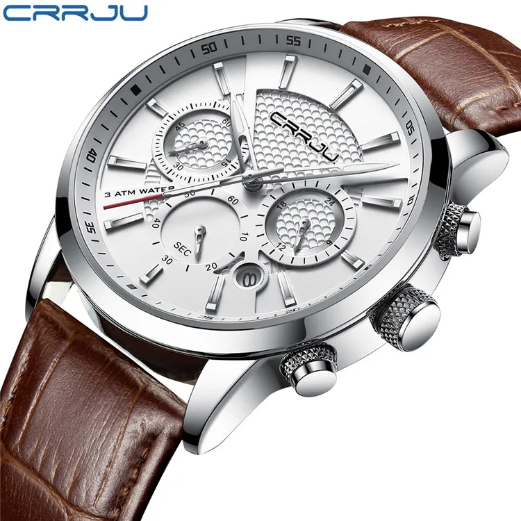 CRRJU Luxury Leather Wrist Watch Men Casual Chronograph Quartz Waterproof Watches Mens Top Brand Wristwatch Man Clock - Цвет: 2212-silver white