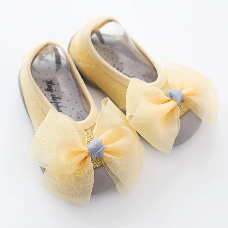 Новые детские Нескользящие носки-тапочки на весну и лето 19 лет носки для малышей латексные носки короткие носки с бантом - Цвет: Цвет: желтый