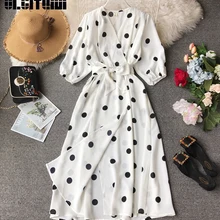 Винтажное женское платье в горошек, лето, праздничное платье с v-образным вырезом и пышными рукавами, тонкое платье, женское ТРАПЕЦИЕВИДНОЕ пляжное платье, Vestidos Femme