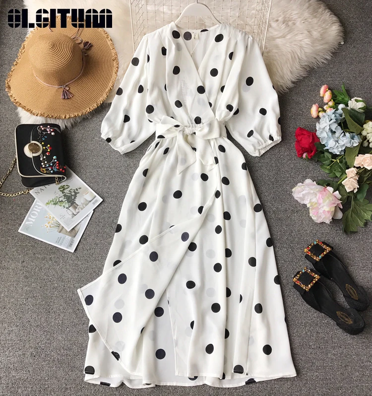 

Vintage Robe Women Dot Dress Summer 2019 Holiday Wind V-neck Puff Sleeve Slim Dress Female A-line Beach Robe Vestidos Femme
