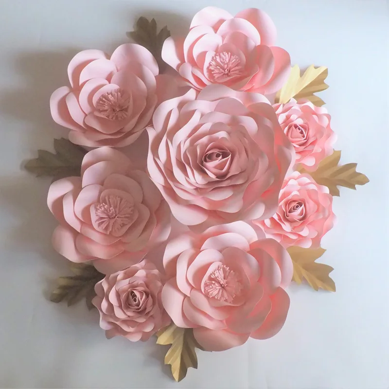

2018 Baby Pink Giant Paper Flowers Rose Backdrop 8PCS + Leaves 7PCS For Wedding & Event Baby Nursery Baby Shower Handmade Roses