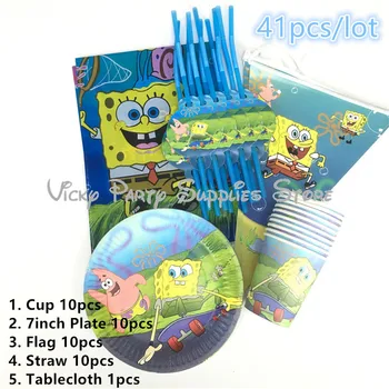 

41pcs/lot SpongeBob Theme Disposable Tableware Set Kids Birthday Baby Shower Paper Cup Plate Party Tableware Supplies