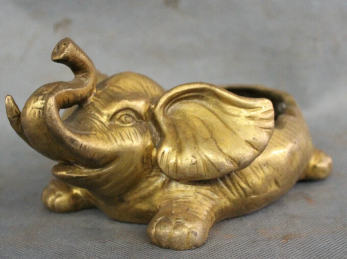 

song voge gem S2513 Chinese Brass Folk Animals FengShui Wealth Elephant Heffalump Statue Ashtray