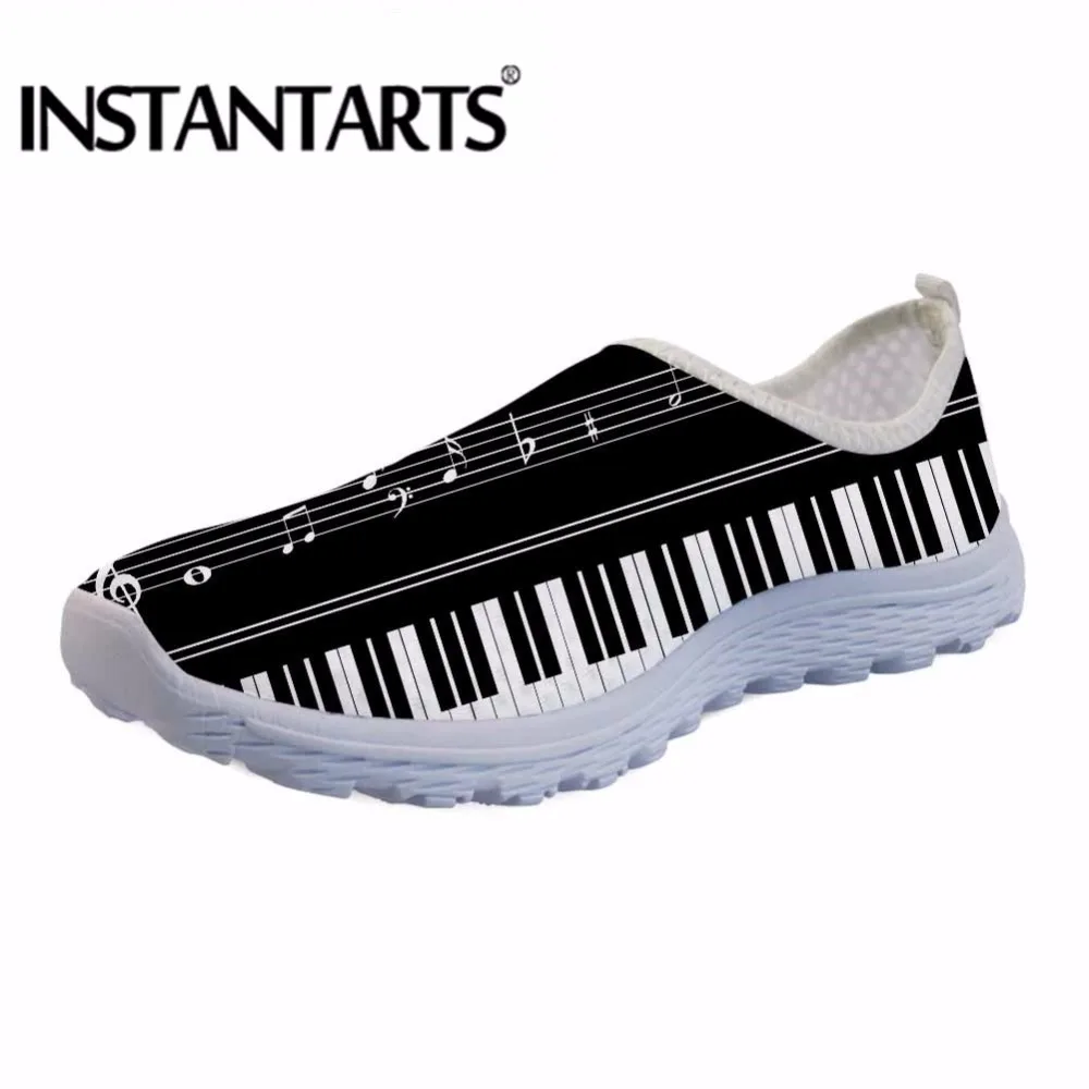 

INSTANTARTS Breathable Slip On Casual Shoes Women Summer Mesh Sneakers Music Notes with Piano Keyboard Design Walking Flat Shoes