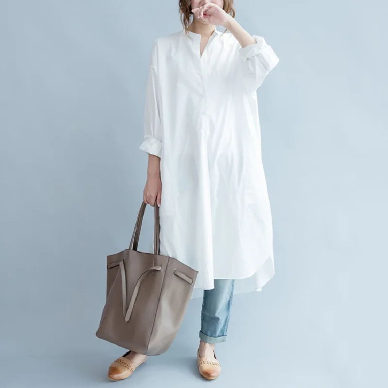 

Korean Style Plus Size Autumn Spring Women Long Dress Casual Loose Oversize Vestidos Full Sleeve White Cotton Split Shirt Dress