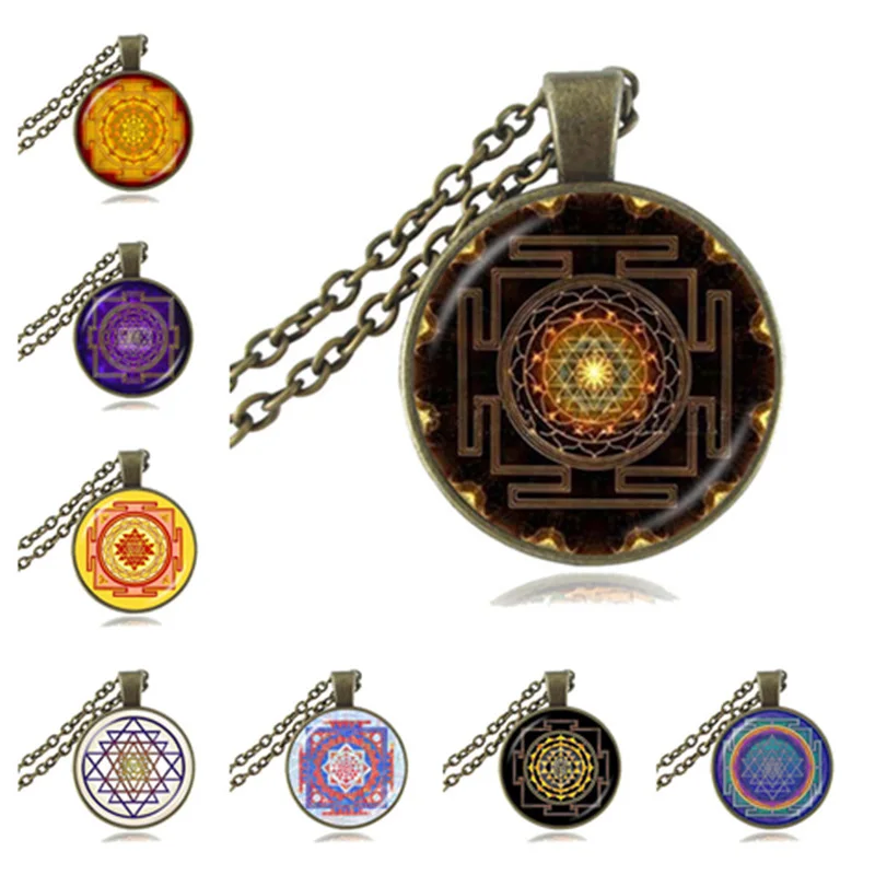 Sri Yantra Mandala Collar De Cristal Verde Vidrio Negro budista Colgante Cadena