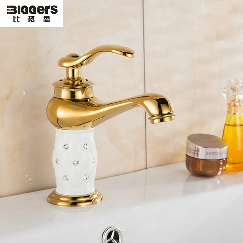 Free shipping,Luxury gold color ceramic bathroom basin faucet brass