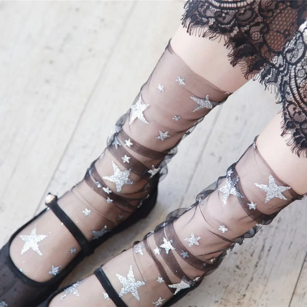 1 шт., летние шелковые освежающие носки для женщин, с оборками, в сеточку, до лодыжки, блестящие, чулочно-носочные изделия, уникальные, креативные, со звездами, с блестками, прозрачные носки